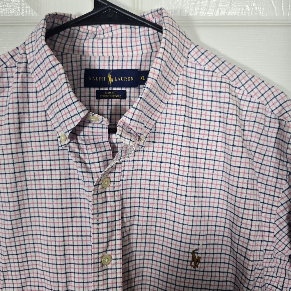 Ralph Lauren Slim Fit Stretch Oxford Shirt Men's XL Pink Navy Check Tattersall